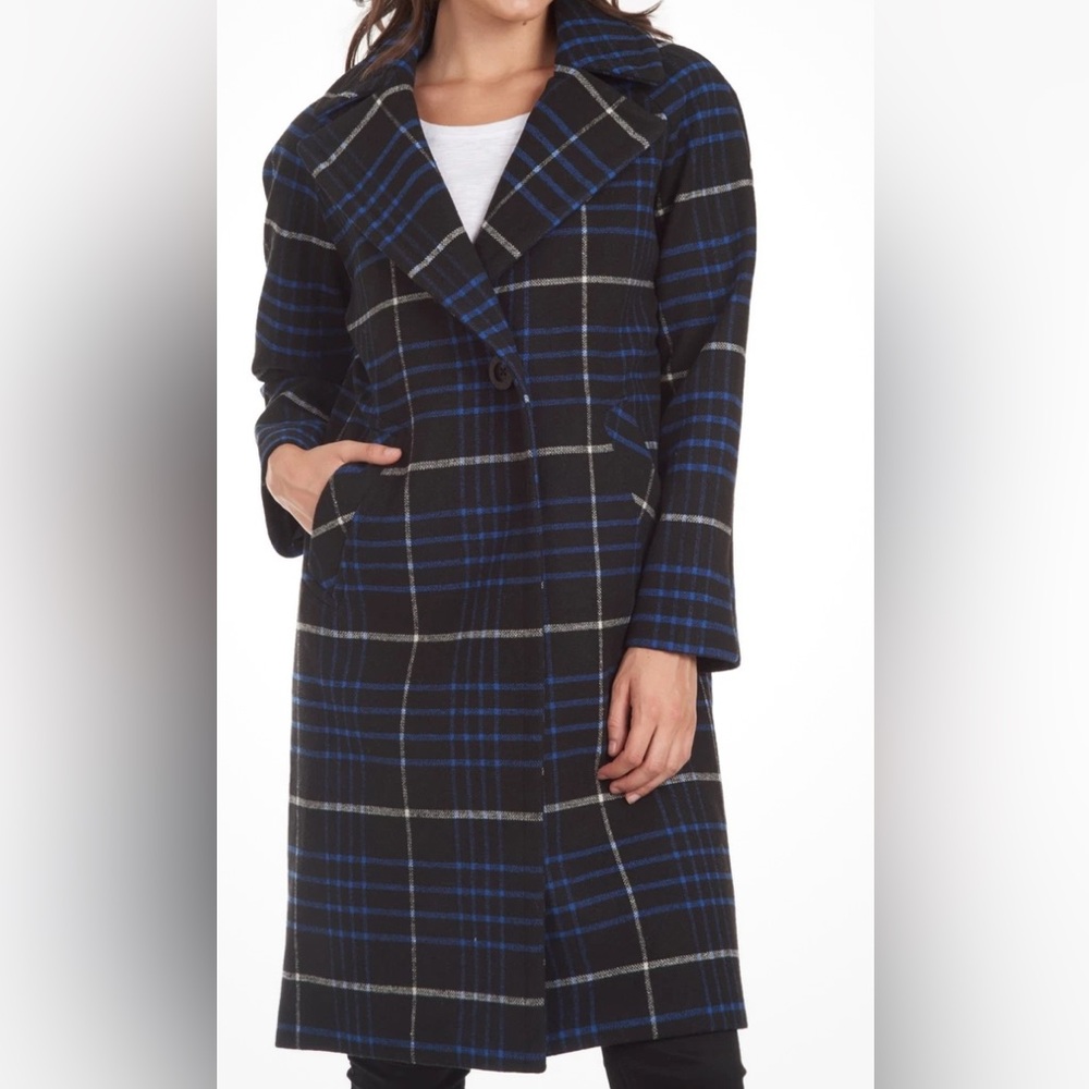 RACHEL Rachel Roy Black and Blue Plaid Coat